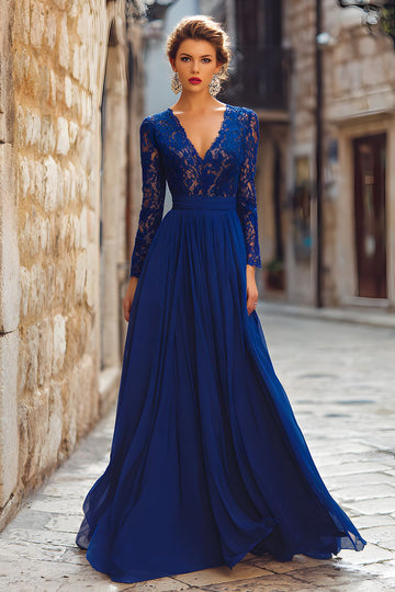 Mousseline de soie bleu foncé col en V manches longues Robe mère de la mariée avec dentelle